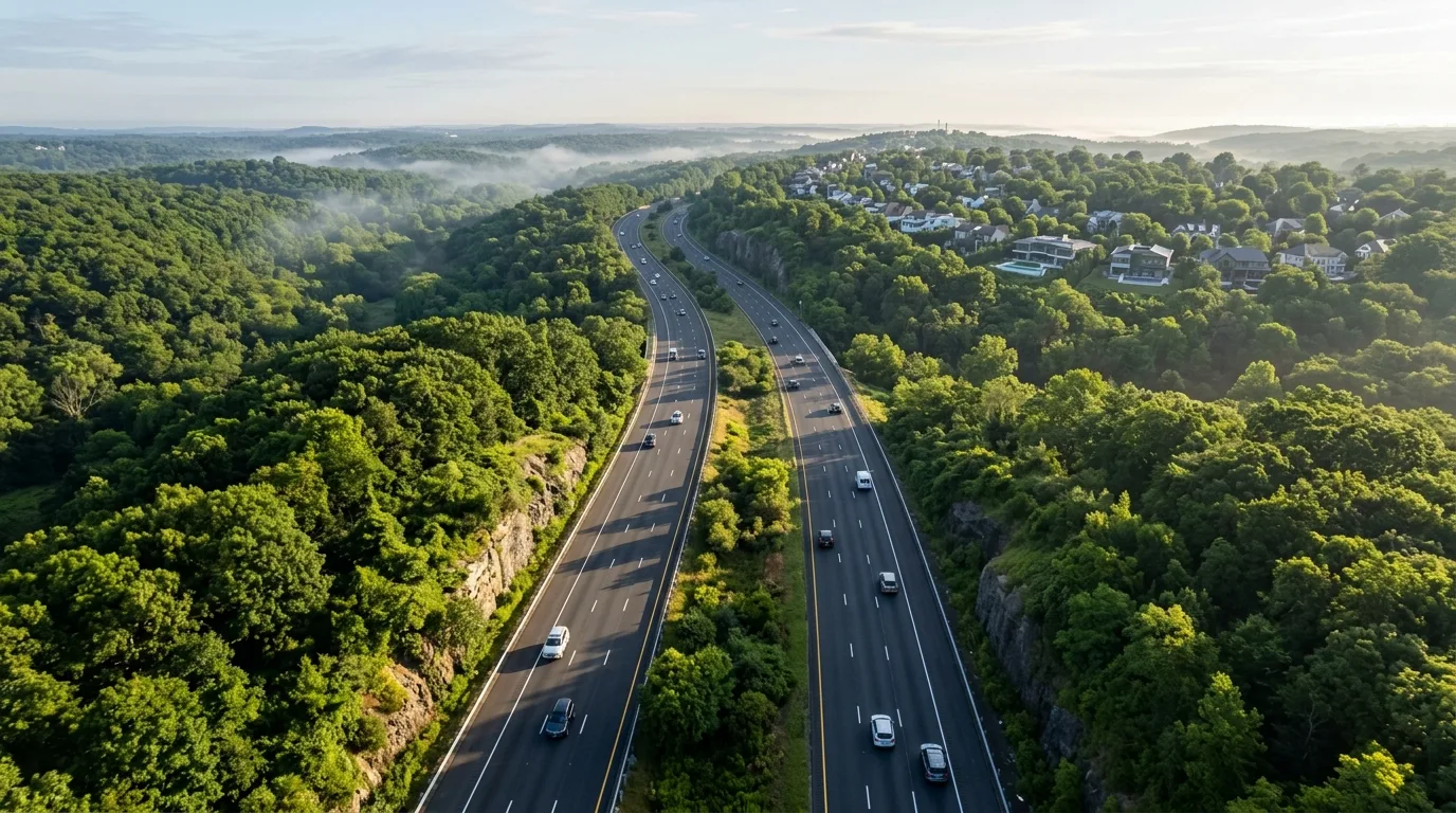 Via de acesso com tráfego fluido ao lado de área verde