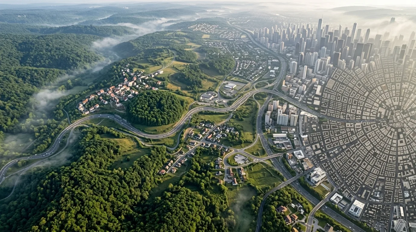 Vista aérea ilustrativa da região, com a rodovia ligando a área verde ao centro urbano