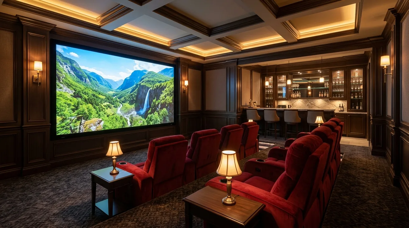 Sala de cinema privativa com poltronas reclináveis
