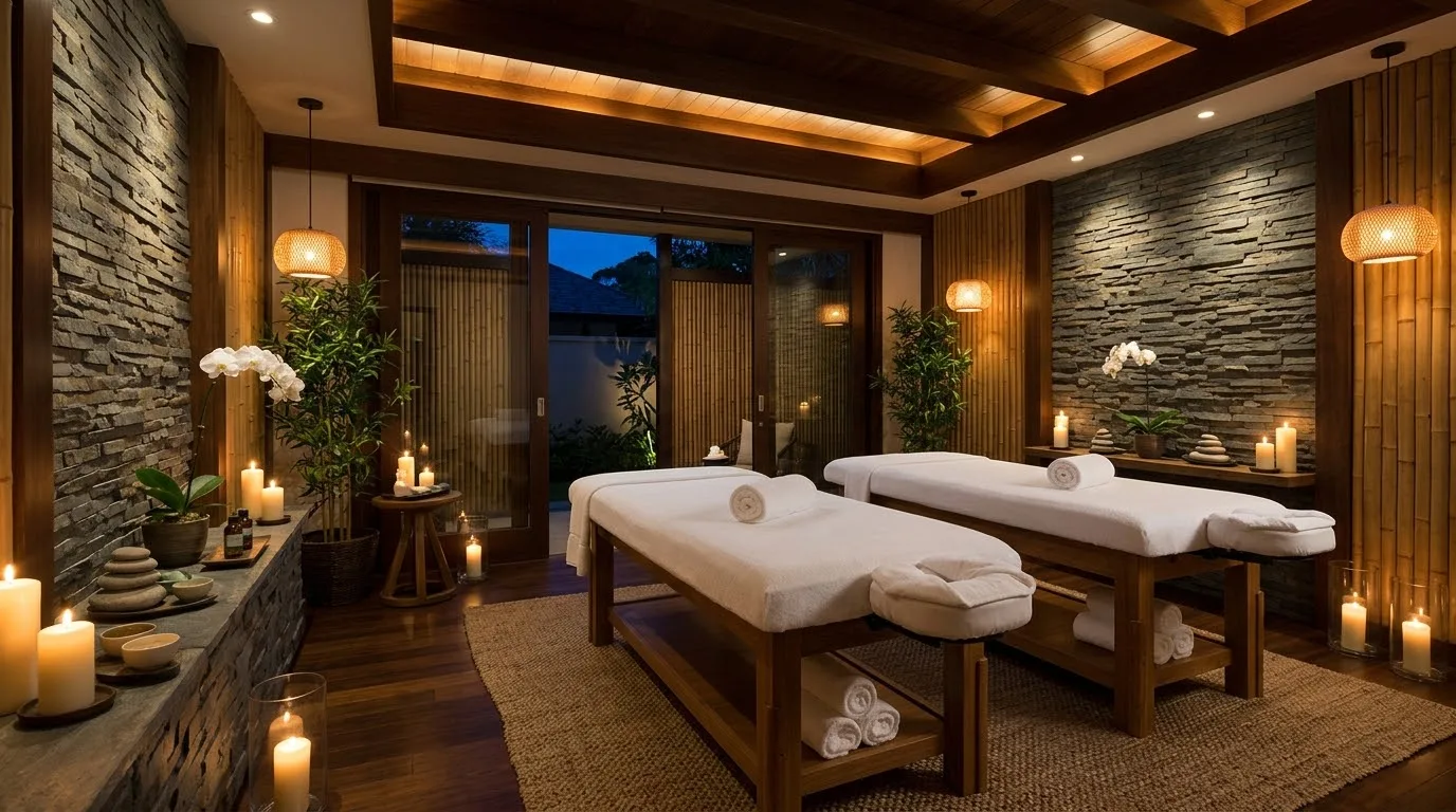 Sala de massagem e bem-estar com decoração em bambu e pedra